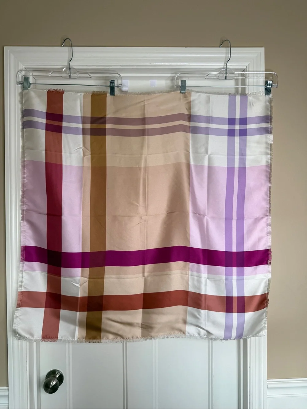 NWOT Echo for Talbots Silk Plaid Square Scarf in Beige, Pink & Burgundy